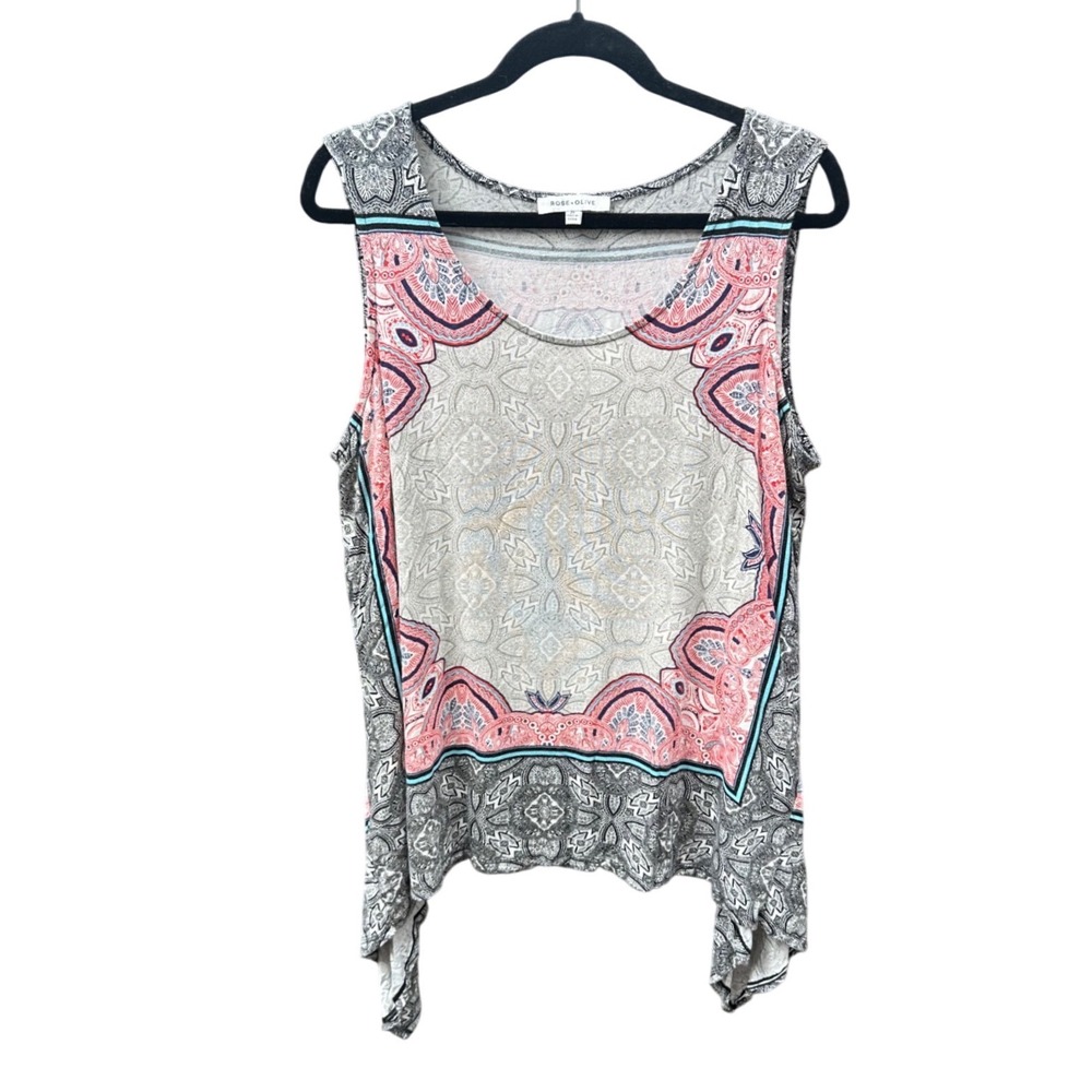 Rose + Olive Pink Grey Medallion Paisley Sharkbite Hem Sleeveless Top 2X
